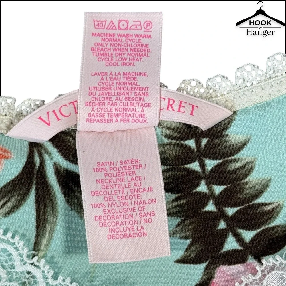 Victoria's Secret Y2K Satin Tropical Chemise Nightie S Blue Pink Hibiscus Lace - Picture 7 of 10